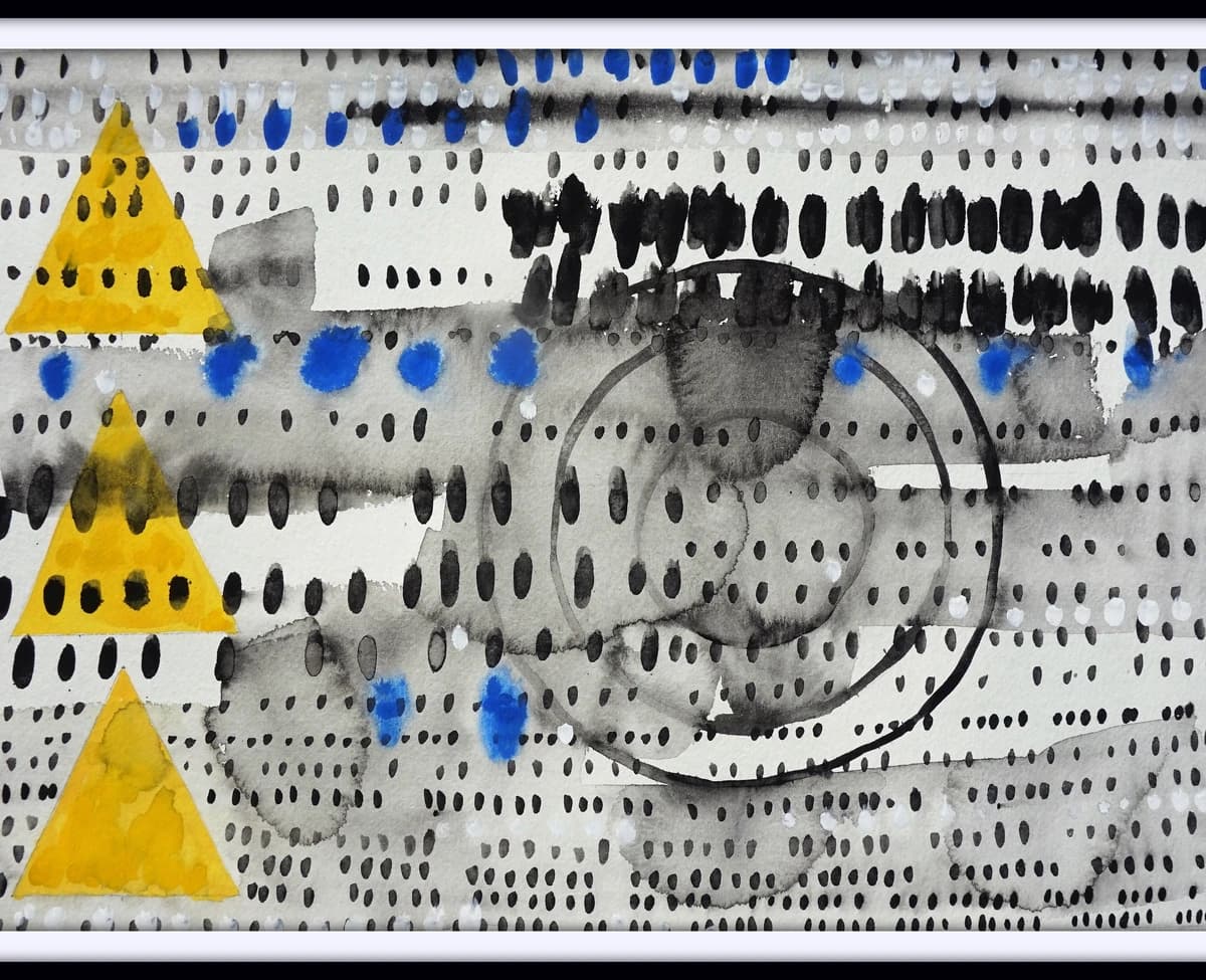 Abstract watercolour painting evoking layered code structures and digital patterns