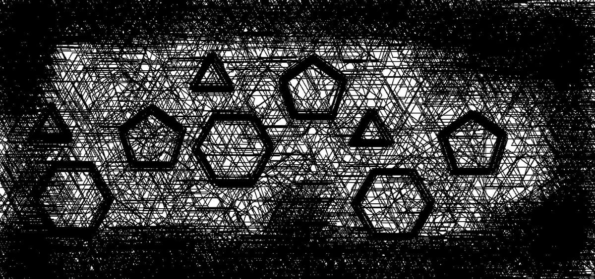 Geometric abstract art featuring hexagons, pentagons, and triangles with intersecting lines